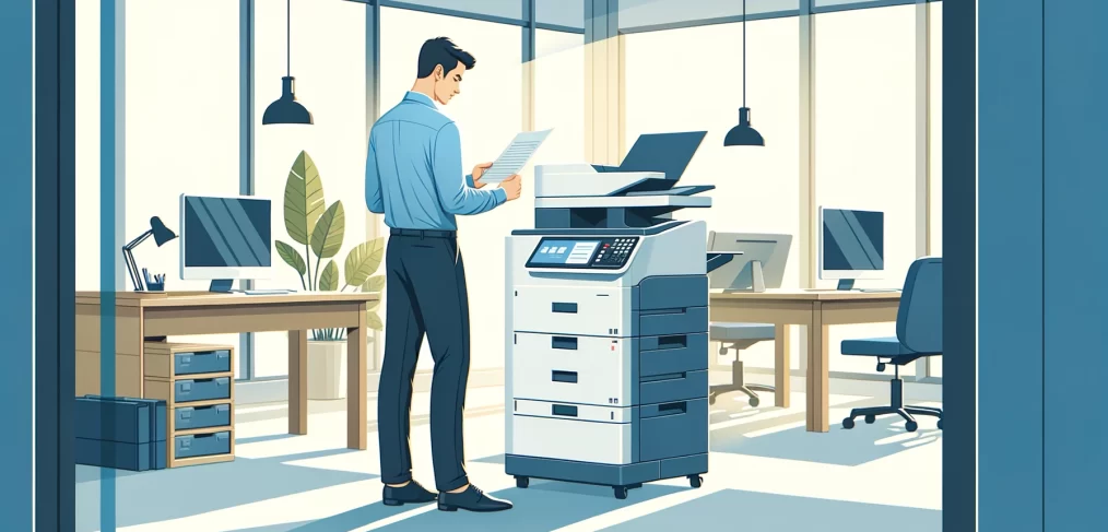 Flat design illustration of a man in a blue shirt using a multifunction copier in a bright, modern office setting with computers on desks and a potted plant.