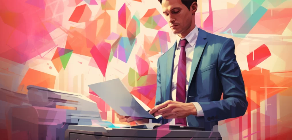 A stylized illustration of a professional man in a suit using a multifunctional office copier against a vibrant, abstract geometric background.