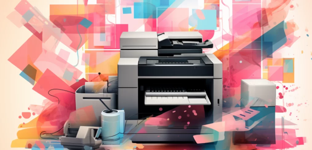 Illustration of a modern office copier amidst a kaleidoscope of abstract, colorful shapes, suggesting a blend of technology and art.