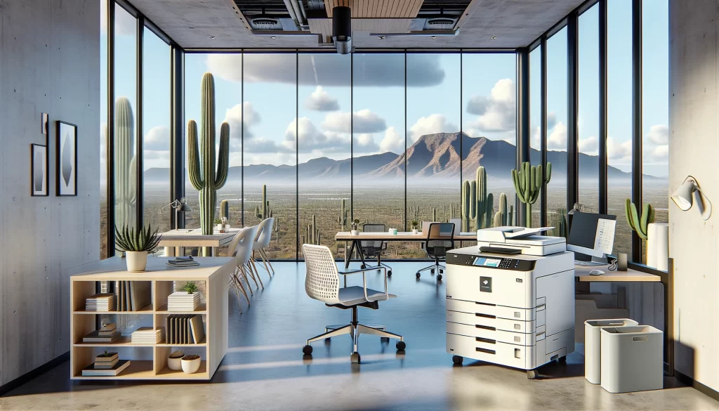 A modern, streamlined office setting in a high-rise building overlooking Arizona's vast desert and distant mountains. A small, advanced multifunction copier by Flat Rate Copiers is strategically placed in the workspace, accessible to employees who are efficiently going about their tasks. The office design is minimalist and sophisticated, with contemporary furniture and a bright, airy atmosphere that emphasizes efficiency and clarity.