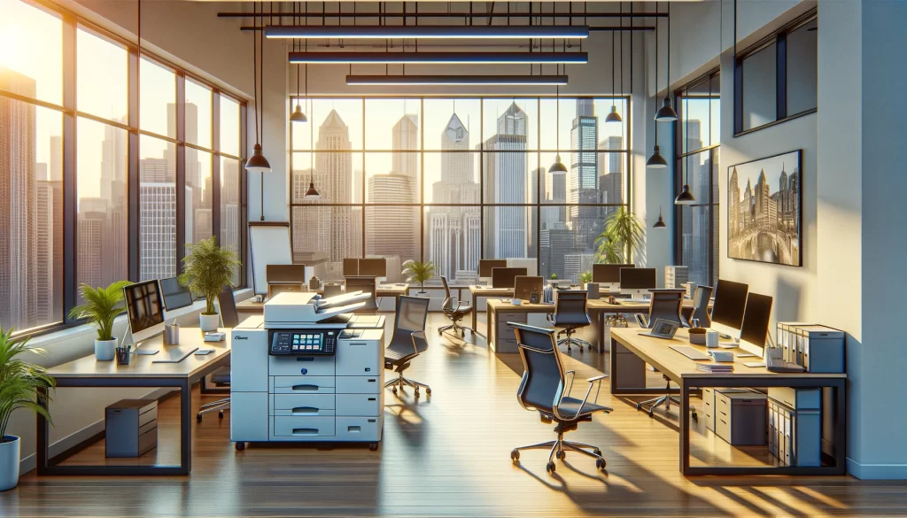 A realistic depiction of a typical Illinois office environment, featuring a compact, advanced multifunction printer by Flat Rate Copiers. The office is equipped with standard desks, chairs, and computers, designed to support comfortable work and collaboration among employees. Windows in the background offer a view that nods to Illinois' diverse landscapes, blending urban and suburban vibes.