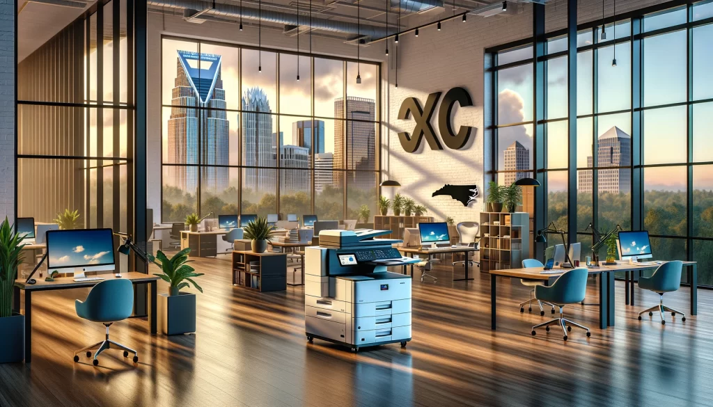 An office in North Carolina equipped with a small, advanced multifunction printer by Flat Rate Copiers, showcasing modern furniture and technology. Large windows reveal the state's diverse landscape, symbolizing the blend of innovation and nature in North Carolina's business sectors.