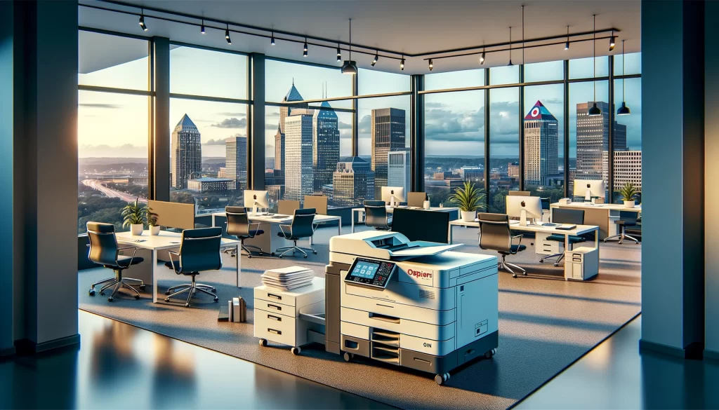 A modern Ohio office showcasing a small, advanced multifunction printer by Flat Rate Copiers, set against the backdrop of Ohio's cityscape. The office is equipped with sleek furniture and large windows, emphasizing efficiency and collaboration.