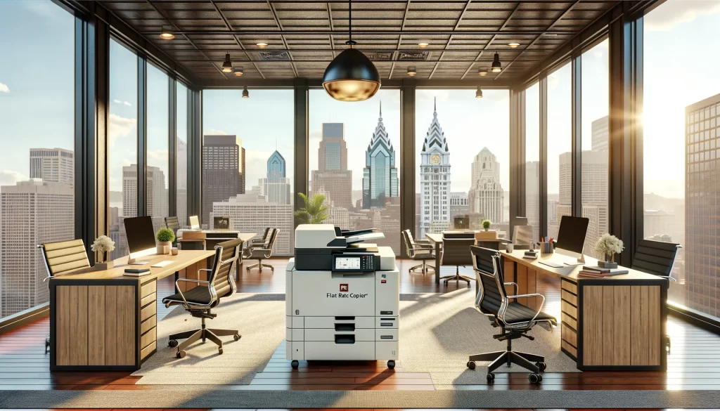 A modern office in Pennsylvania with a small multifunction printer by Flat Rate Copiers, blending historical charm and contemporary innovation. Large windows provide a view of the city, reflecting a productive and collaborative workspace.