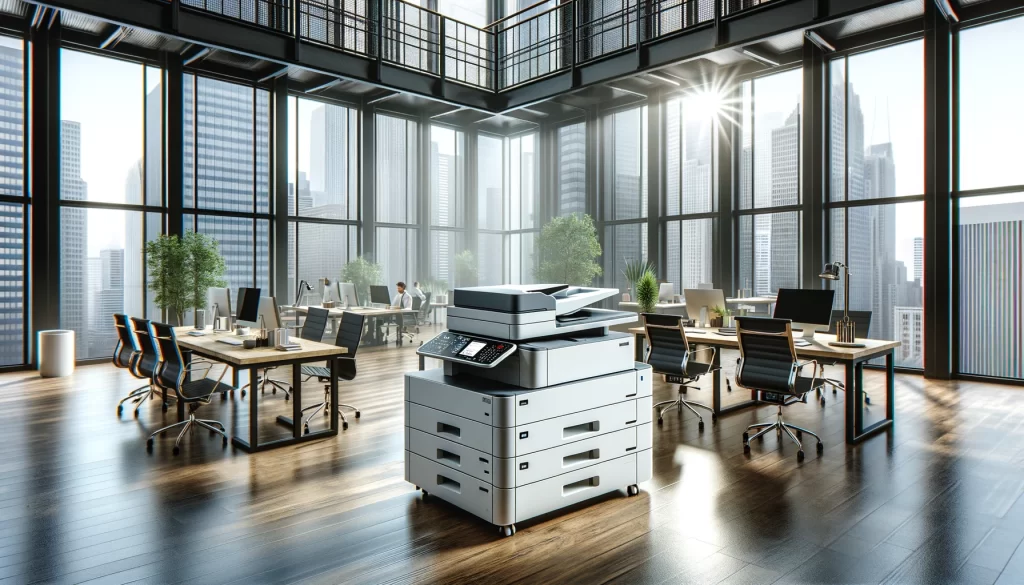 A compact, state-of-the-art multifunction copier is centrally located in a modern, brightly lit office environment. The scene captures a communal area surrounded by desks, ergonomic chairs, and employees engaged in their work, showcasing the integration of technology and collaboration. Large windows fill the room with natural light, offering a view of the urban landscape outside, reflecting a balance between functionality and workplace aesthetics.