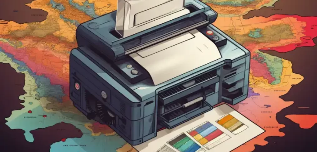 An illustration of a printer on top of a colorful, abstract map, printing out pages with vibrant graphs and data.