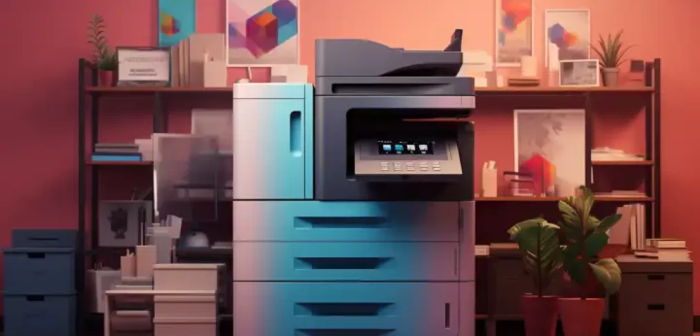 A modern multifunction printer stands in an office, surrounded by shelves with decorative items and plants, against a warm coral background.
