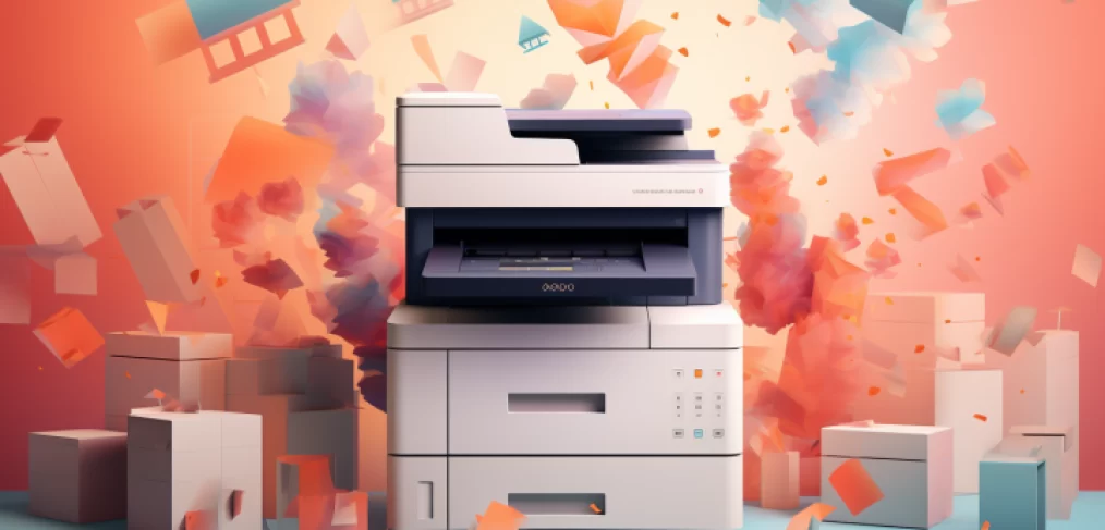 A large multifunction printer in a surreal setting with fragments of paper and geometric shapes flying around it in a whirlwind of colors.