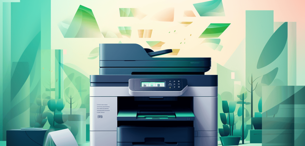 A stylized illustration of a modern office multifunction printer in a green-toned room with floating paper sheets and a city park backdrop.