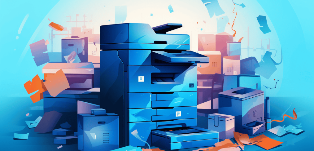 An animated image of a multifunction office copier amidst a chaotic whirl of flying papers and various printers in disarray, against a stylized blue background.
