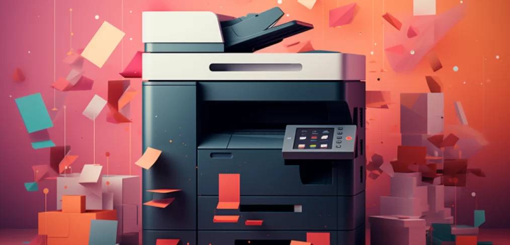 A modern multifunction printer in an animated office environment with whimsical flying paper and floating geometric shapes in shades of coral and teal.