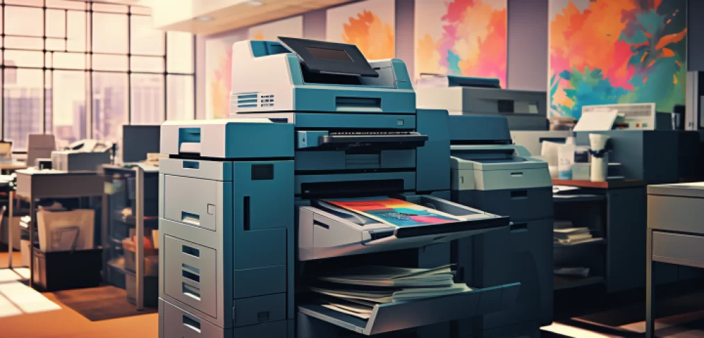 A professional office setting with a high-capacity multifunction printer producing colorful documents, lit by the warm glow of a setting sun through large windows.