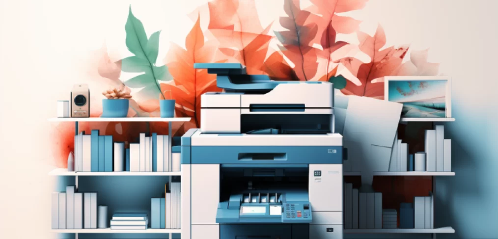 A modern office multifunction printer surrounded by neatly arranged bookshelves with colorful autumn leaves in the background.